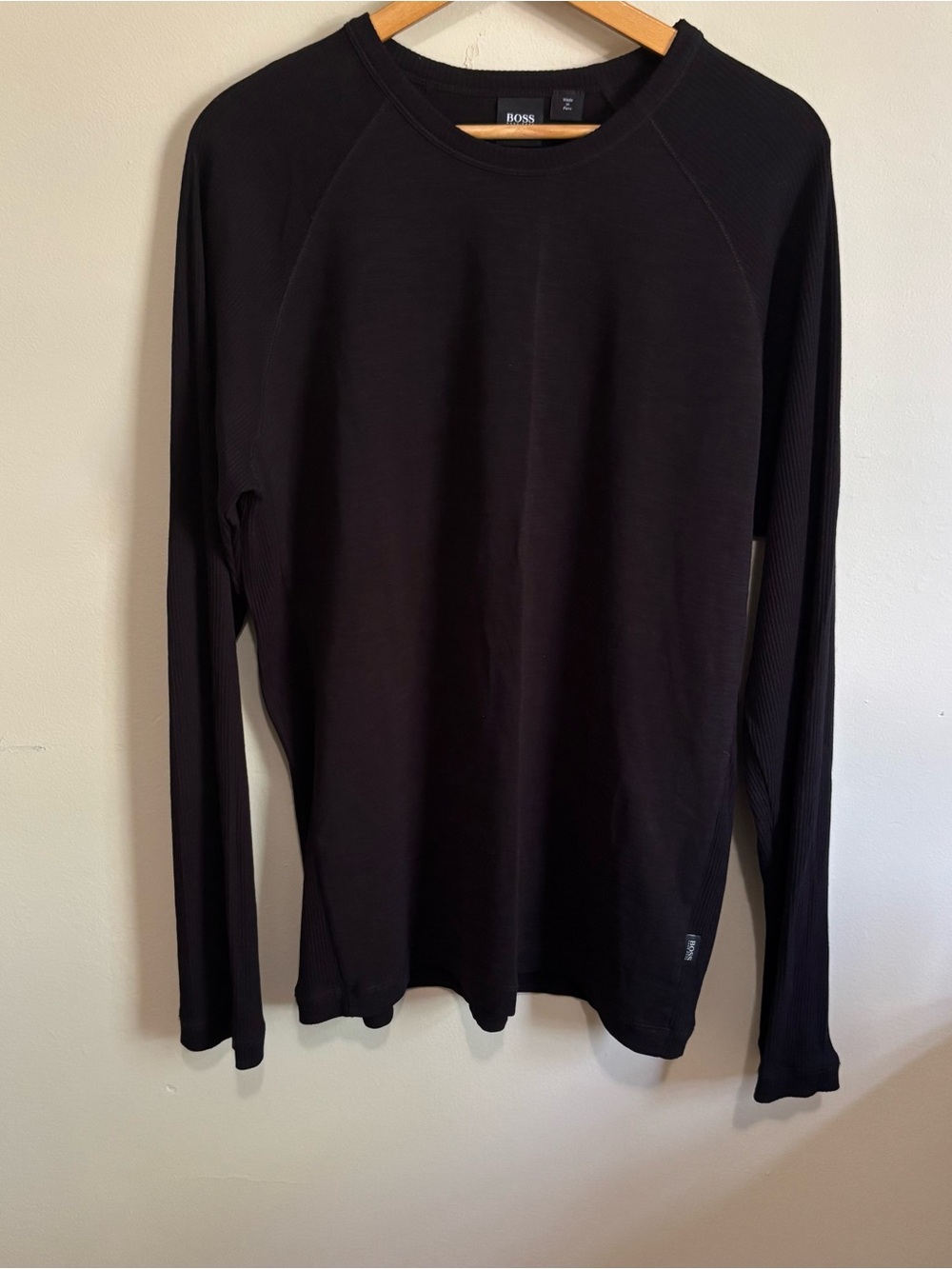 Hugo Boss Black Long Sleeve Ribbed Crewneck Shirt XL Cotton Regular Fit
